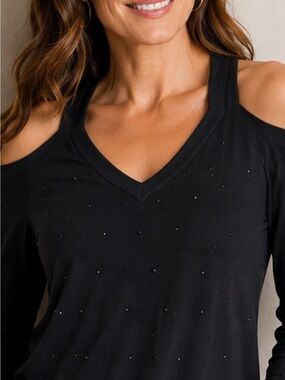Bailey 44 Black Beaded Cold Shoulder Top – Medium